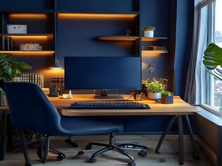 Välorganiserad skrivbord med ergonomisk stol och belysning